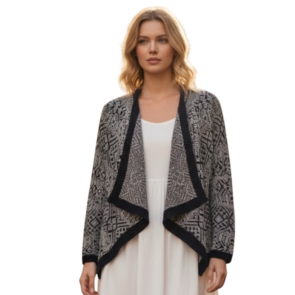 Pink Rose Navy & Cream Open Front Cardigan | Aztec Knit Waterfall Sweater M
